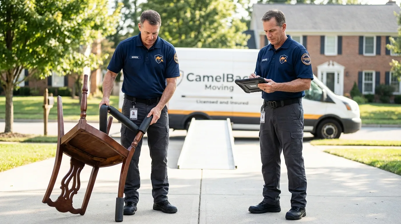 Movers inspecting furniture for damage prevention before loading in Winter Springs, FL